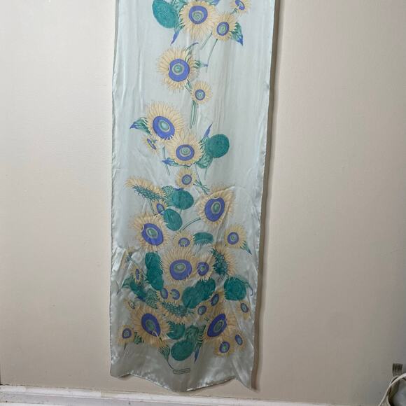 SALVATORE FERRAGAMO Vintage Silk Sunflower Print Pale Blue Long Length Scarf - Picture 4 of 7